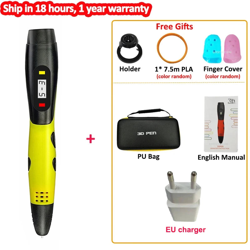 New 3D Printing Pen Kids 3 Speed Adjustable 3D Pen LCD Screen DIY Drawing Pens PLA Filament Children Girls Boys Gifts Vue EU yellow pen PLA Filagment