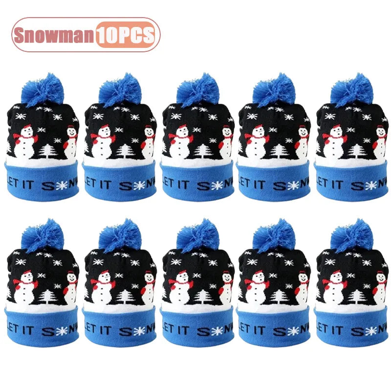 1-10PCS Christmas Novelty LED Knit Beanie with Cartoon Animal Pattern Warm Winter Hat Perfect for Party Holiday Gift Vue 26x26cm Snowman-10PCS