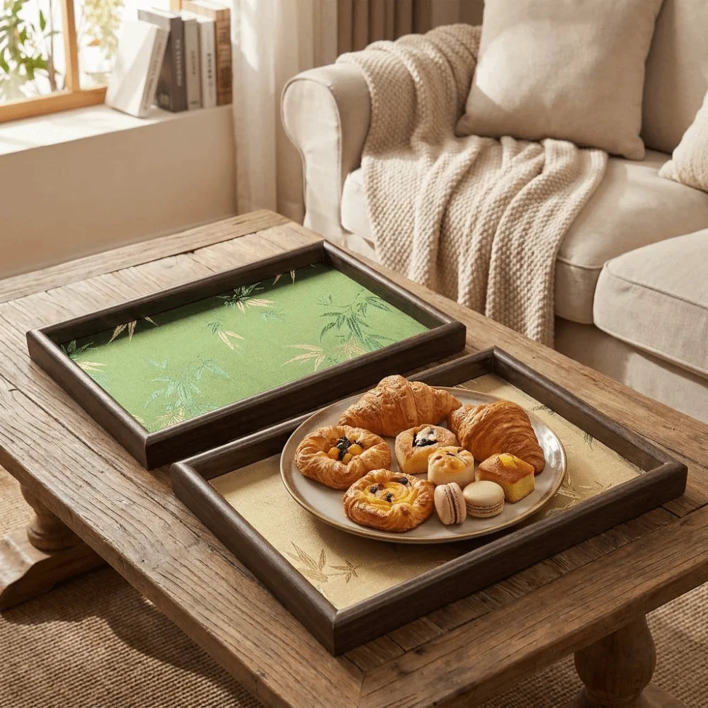 Wooden Bamboo Shadow Embroidered Tray Large Capacity Decorative Rectangular Storage Tray Space Saving Chinese Style Vue
