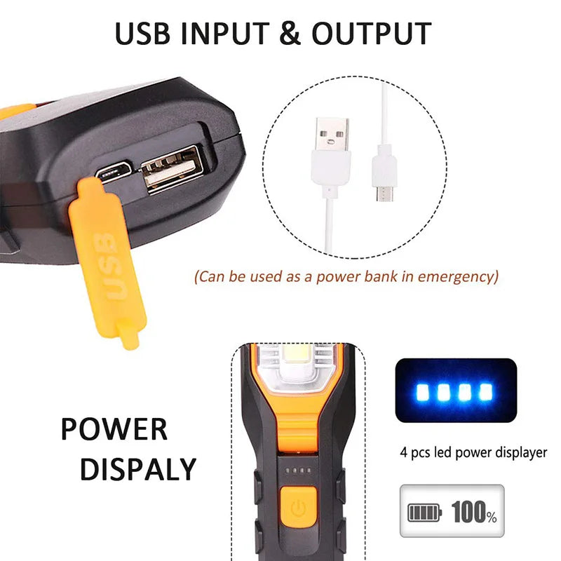 Portable COB LED Work Light Car Garage Mechanic Lamp USB Rechargeable Torch Outdoor Camping Emergency Light Warning Light Vue