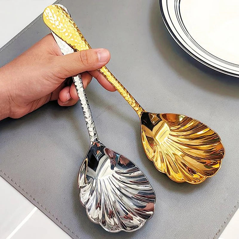 Shell-Shaped Serving Spoons Stainless Steel Vegetable Spoons Large Fan-Shaped Soup Spoons Suitable For Family Parties Restaurant Vue