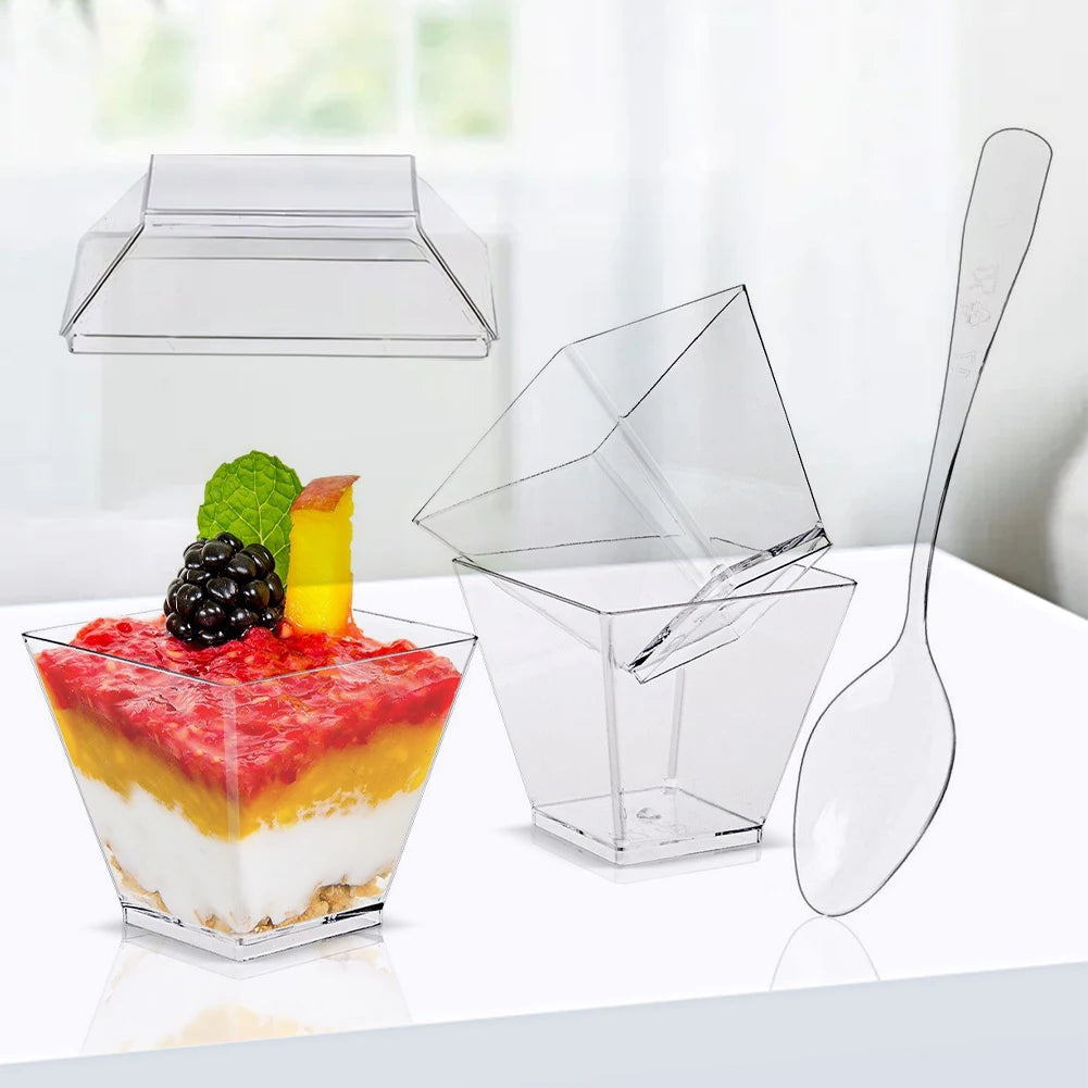 60ml Mini Parfait Cups with Lids & Spoons – 50/100 Pack Mini Dessert Cups Vue