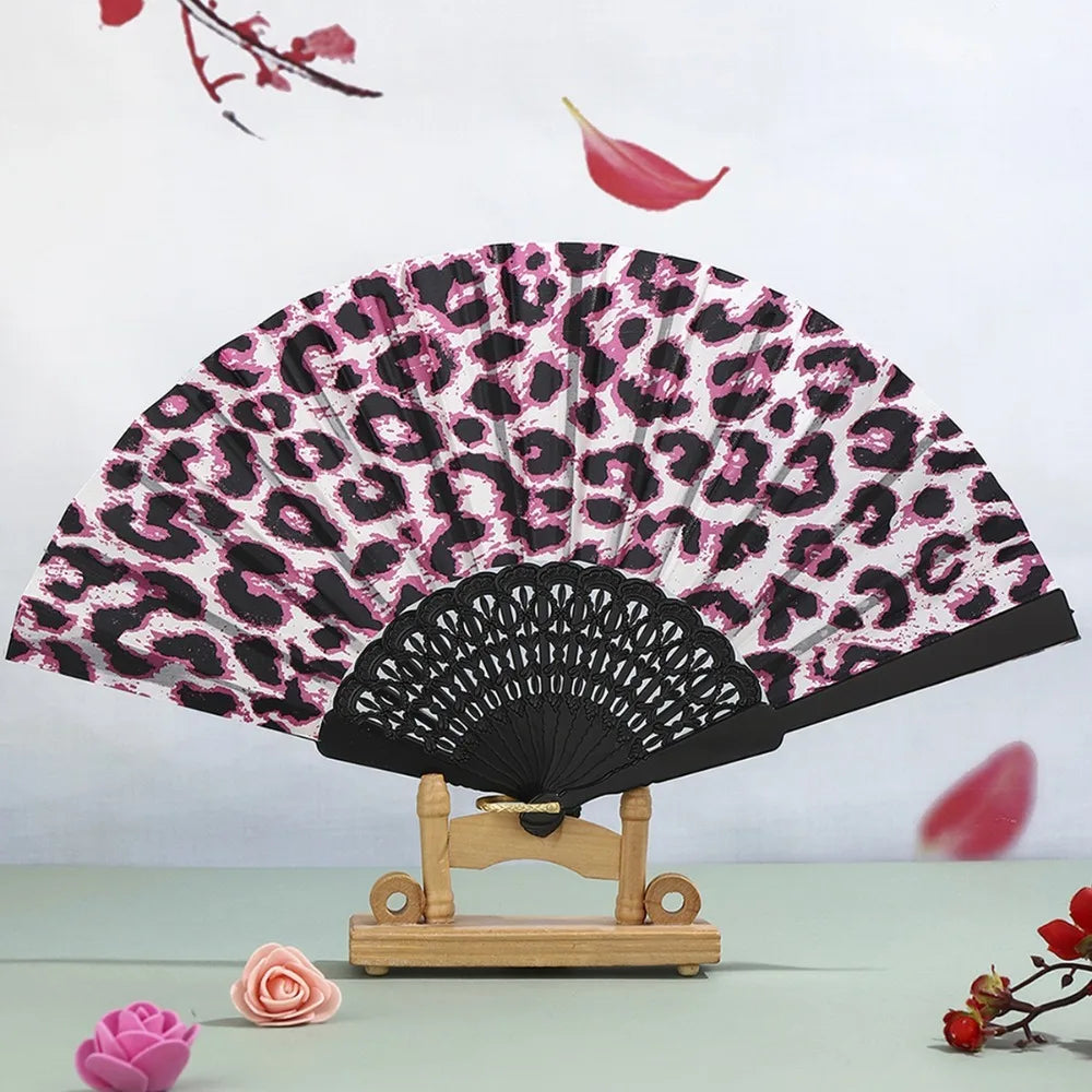 Fashion PP Folding Fan Leopard Print Black Pole Hand Fold Handheld