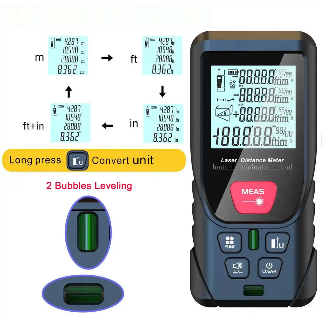 100m Laser Distance Meter 50m Laser Rangefinders Digital Tape with Bubbles Leveling Handheld Trena Range Finder Measurer Ruler Vue