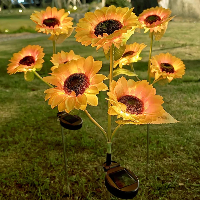 3-head Sunflower Solar-Powered LED Yard Lights Garden Decor Lamp Waterproof Outdoor Floral Ambiance Lawn Lighting Vue