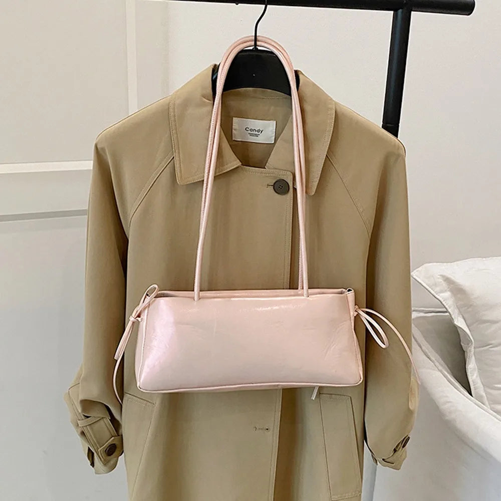Trendy Multicolor Shoulder Bag PU Leather Bowknot Versatile Commuting Bag with Lace Ribbon Large Capacity Underarm Bag Shopping Vue Pink