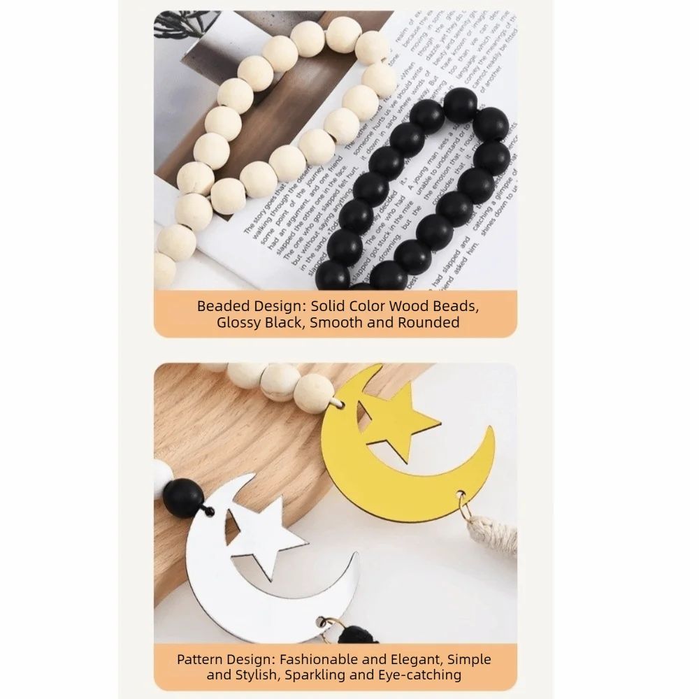 Handmade Wooden Beads Pendant Rustic Style Smooth Star Moon Pendant Decorative with Tassel Eid Mubarak Decor Home Decoration Vue