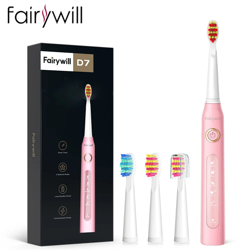 Fairywill Electric Sonic Toothbrush FW-507 USB Charge Rechargeable Adult Waterproof Electronic Tooth Brushes Replacement Heads s Vue ET507Pink United States