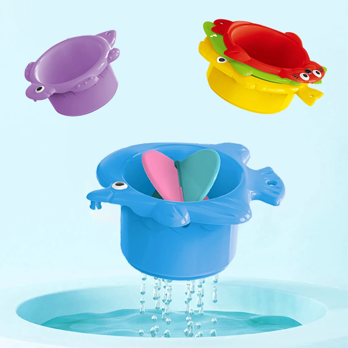 Toddler Stacking Bath Toys, Random Colors Cups Basket Summer Water Bathroom Beach Game Gifts for Boys and Girls Some Part Random Vue