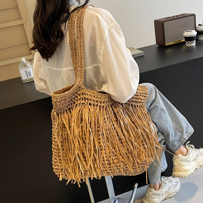 Casual Tassel Woven Women Shoulder Bags Handmade Fringe Lady Handbags