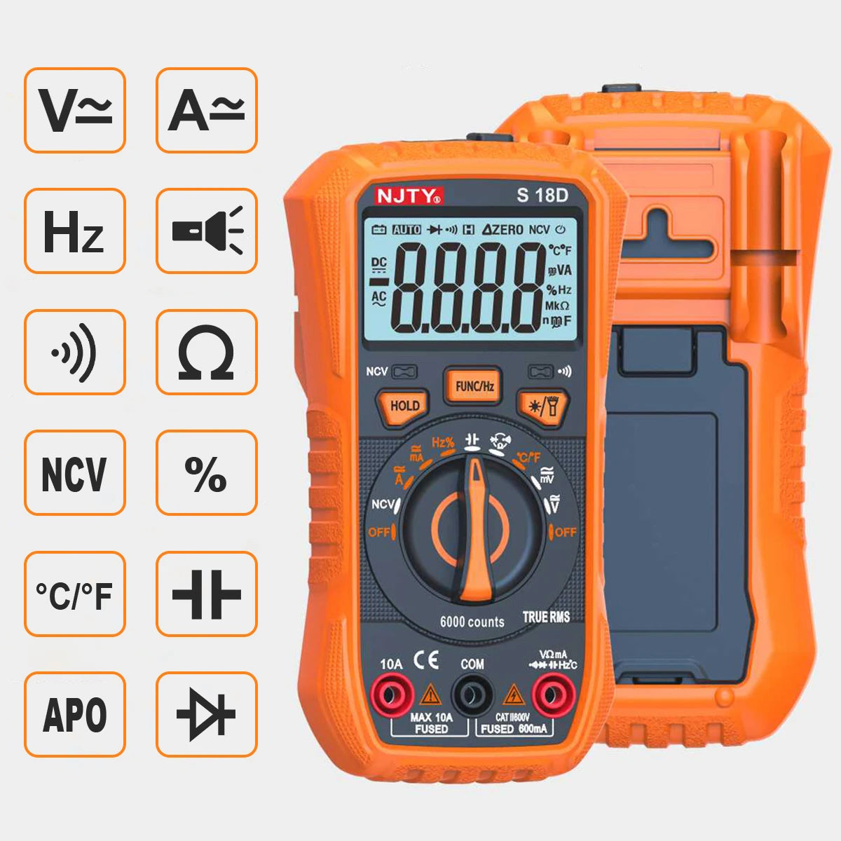 NJTY S18D/A Digital Multimeter Handheld Voltmeter Capacitance Resistance Diode Temperature Tester Backlit LCD AUTO Range AC/DC Vue