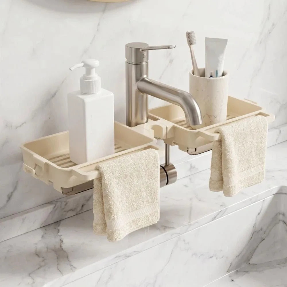 Practical Plastic Sink Drain Rack Adjustable Large Capacity Faucet Drain Rack Hanging Space Saving Soap Drainer for Kitchen Vue