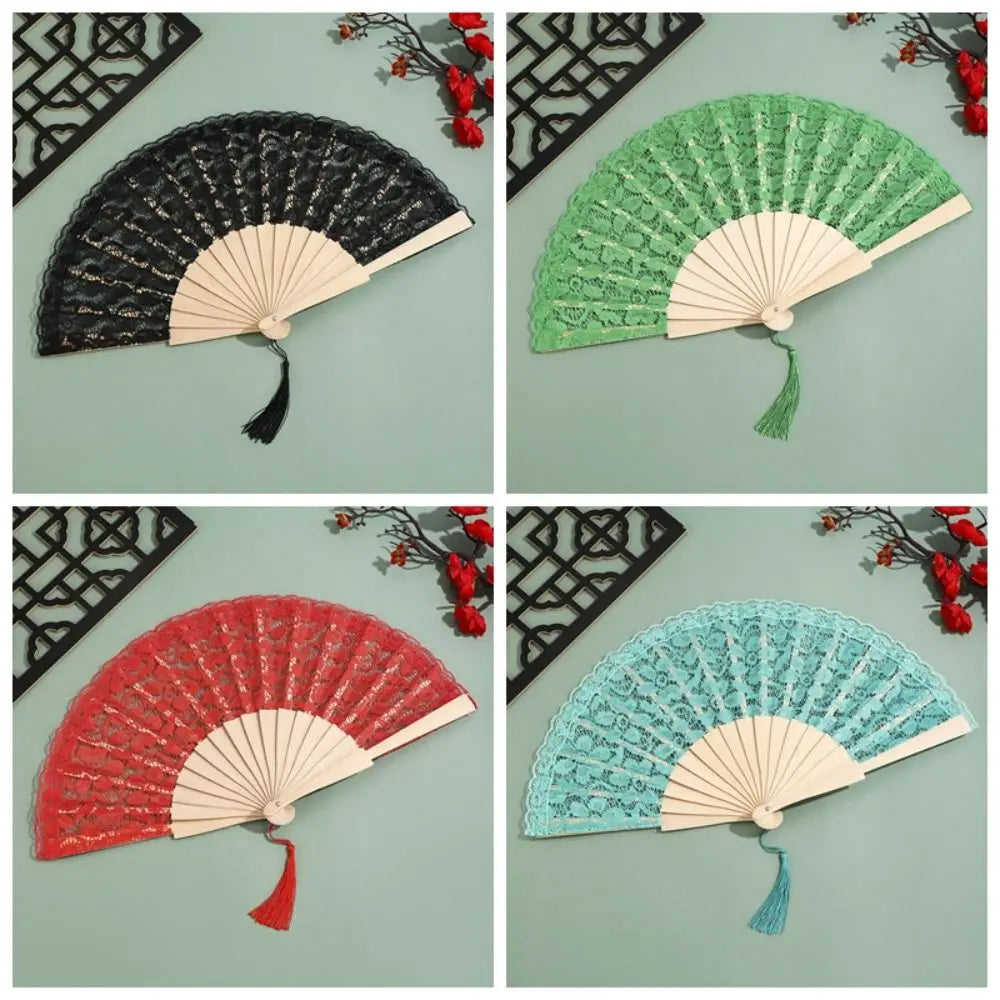 Elegant Lace Pattern Chinese Fan Flower Design Tassel Pendent Folding