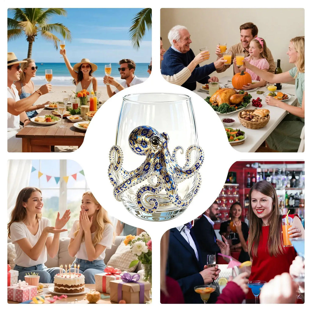 420ml Blue-Ringed Octopus Glass 2D Clear Novelty Coastal Marine Tumbler for Juice, Milk, Coffee, Great Housewarming Gift Vue