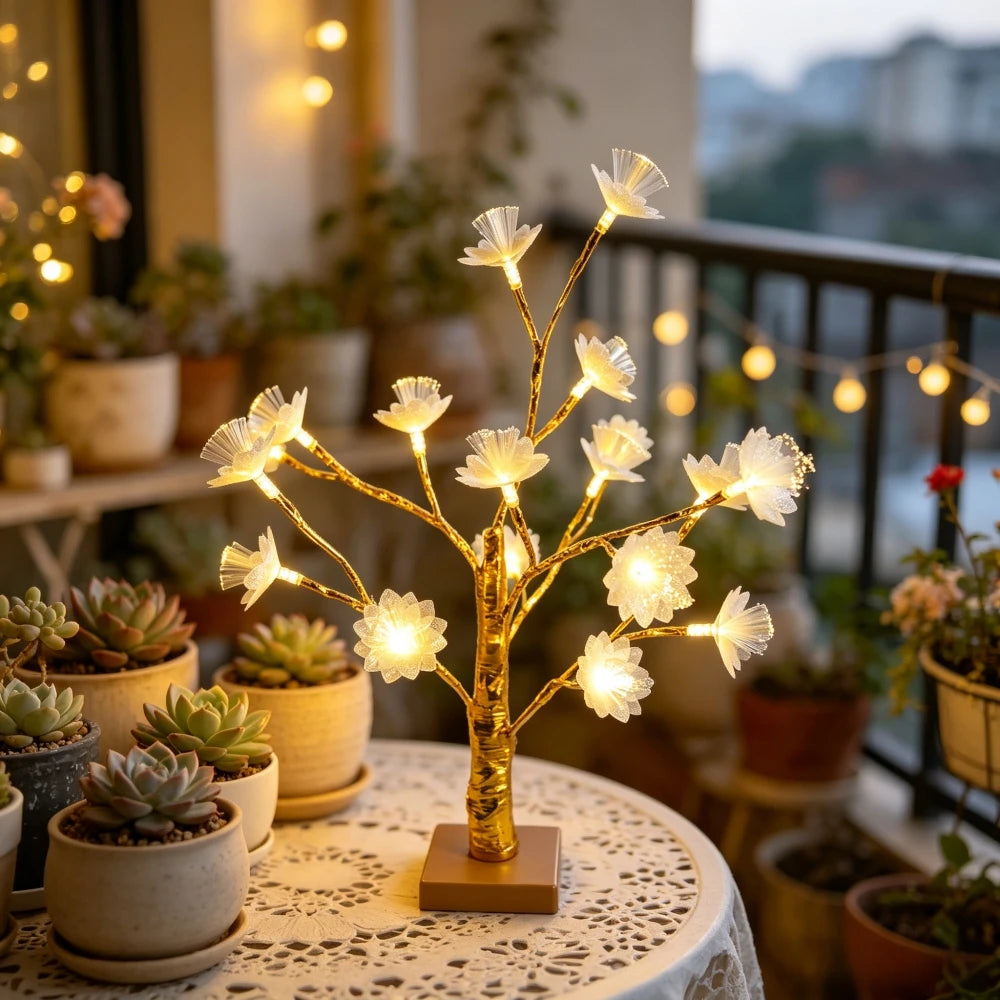 Double Layer Fiber Optic Lotus Flower Golden Birch Tree LED Table Lamp, Floral Desktop Light for Bedroom Table Home Decor Vue