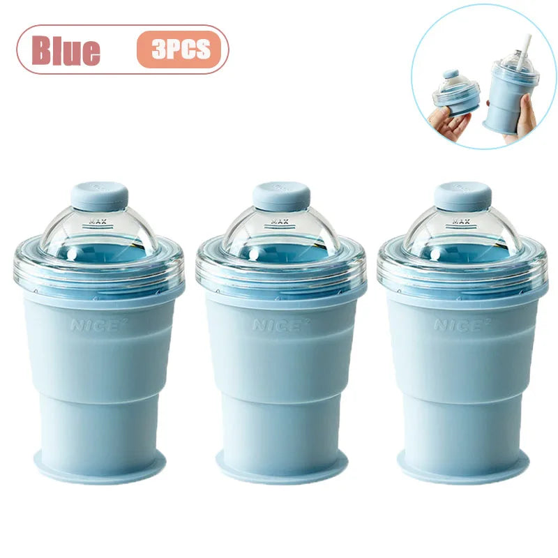 Portable Foldable Ice Ball Cup with Straw Food Grade Silicone Ice Mold for Whiskey Cocktails Reusable Summer Travel Water Bottle Vue As Shown Blue-3PCS