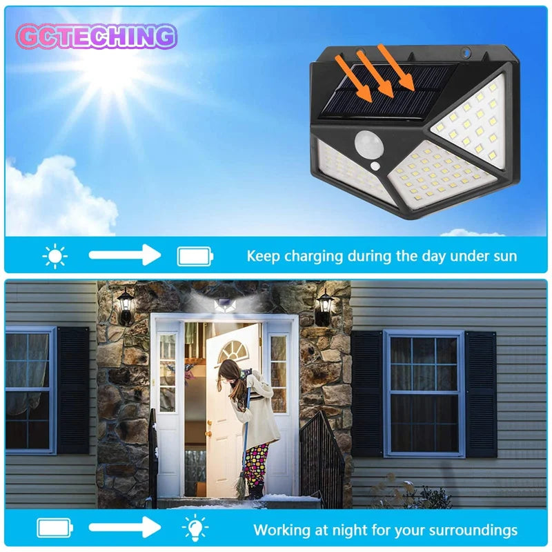 6 Pack Solar Lights Outdoor 100 LED Wall Lamp Motion Sensor Lights Waterproof Solar Street Light for Garden Porch Yard Garage Vue