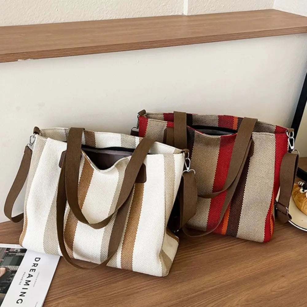New Cloth Striped Tote Bag Detachable Strap Adjustable Shoulder Bag Dual Handles with Rabbit Pendant Handbag Office Vue