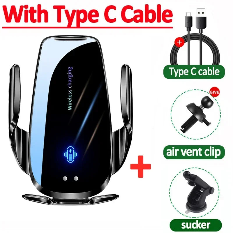 30W Car Wireless Charger Automatic Car Phone Holder Infrared Induction for iPhone16 15 14 13 12 Samsung Fast Charging Station Vue Black With Cable