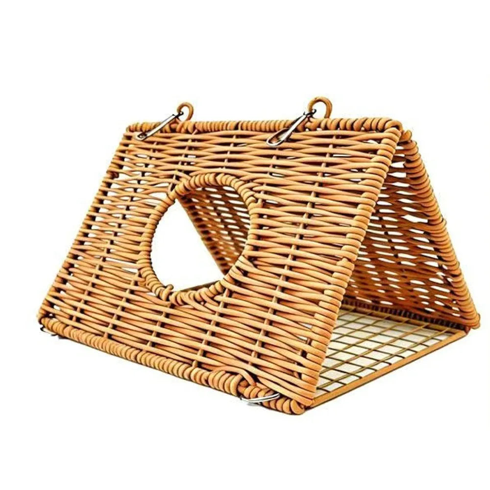 Imitate Rattan Parrots Woven Bird Nests Triangular Breathable Hamster Hideout Cave Metal Clips Mesh Bottom Pet Sleeping House Vue Brown-S
