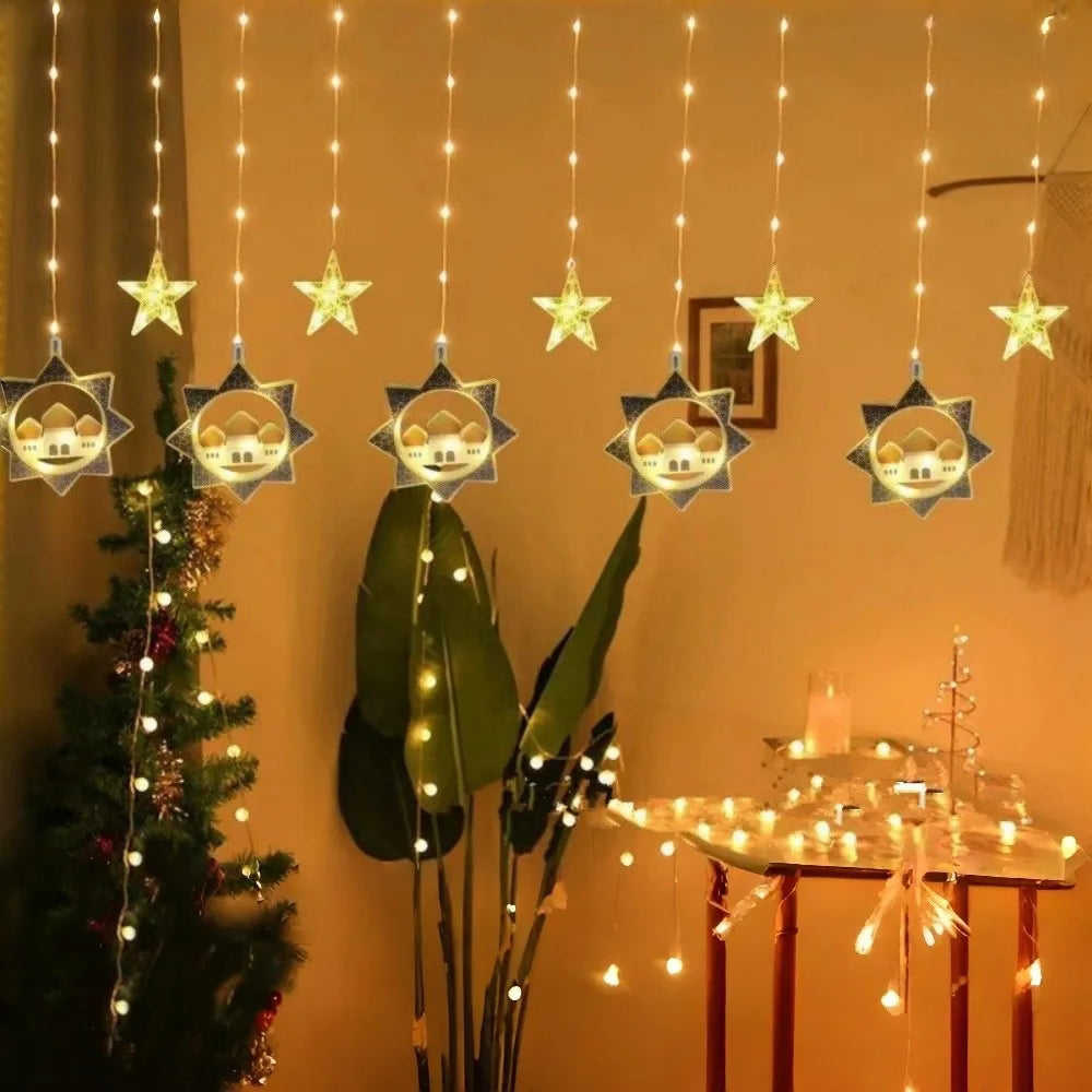 1PC USB Powered Ramadan Indoor Moon/Star Castle Leather Curtain Light,8 Modes Hanging Fairy Light for Muslim Festival Home Party Vue