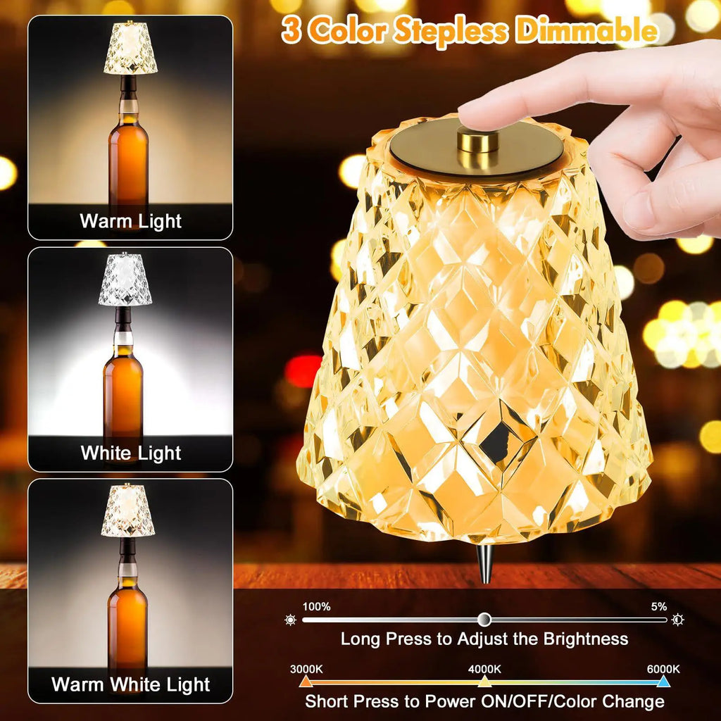 Wireless Bottle Lamp 3-Color Touch Dimming Cordless Lampshade Rechargeable Wine Bottle Lights for Bedroom Living Room Kitchen Vue