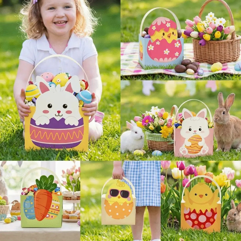 6pcs Cartoon Easter Bunny Candy Boxes with Handle Egg Rabbit Carrot Basket Gift Box DIY Box Handmade Easter Paper Boxes Vue