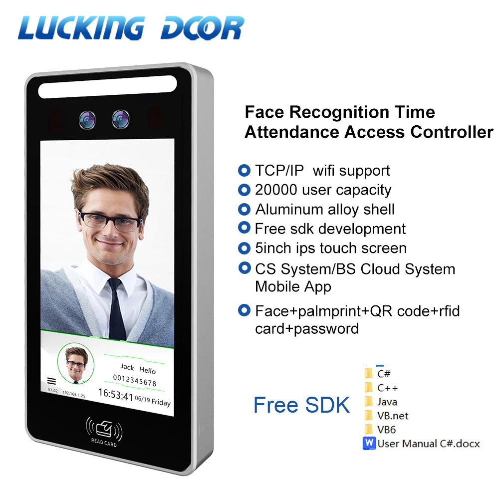 5 Inch IPS Touch TCP/IP WiFi Face Palmprint QR RFID Access Attendance USB Download CS BS Cloud App Free SDK 20k User Capacity Vue