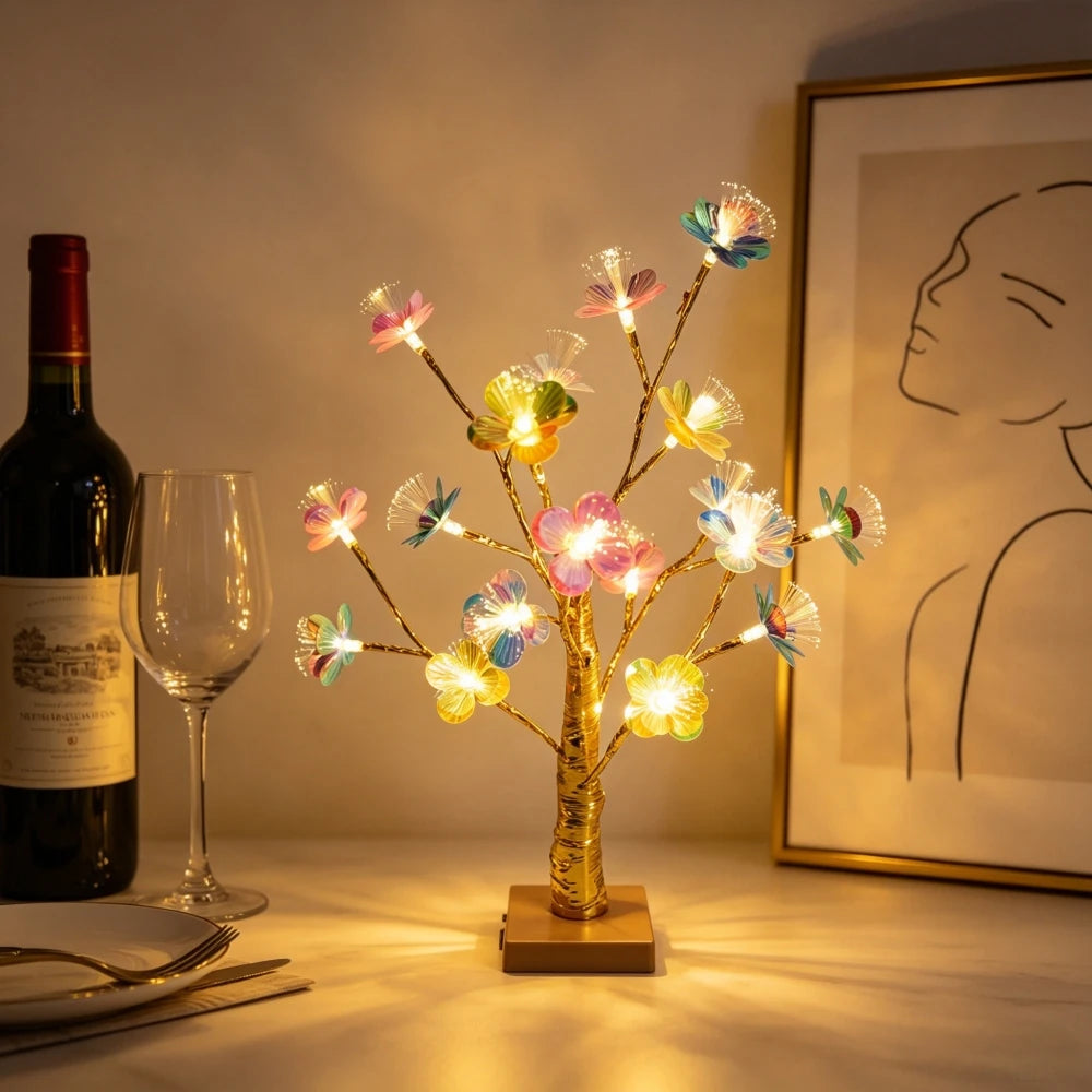 Battery Powered 18LED Fiber Optic Flower Lamp, Golden Birch Tree LED Night Light for Home Birthday Bedroom Table Decor Vue Warm White 1PC 18LED