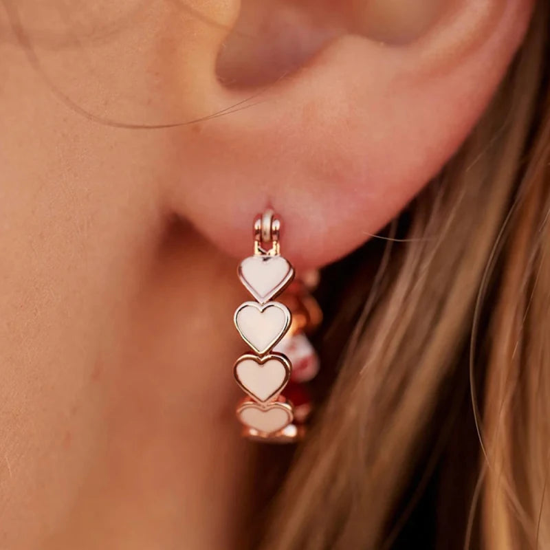 Huitan White Heart Enamel Hoop Earrings – Rose Gold Tone Hoop Earrings Vue E3199