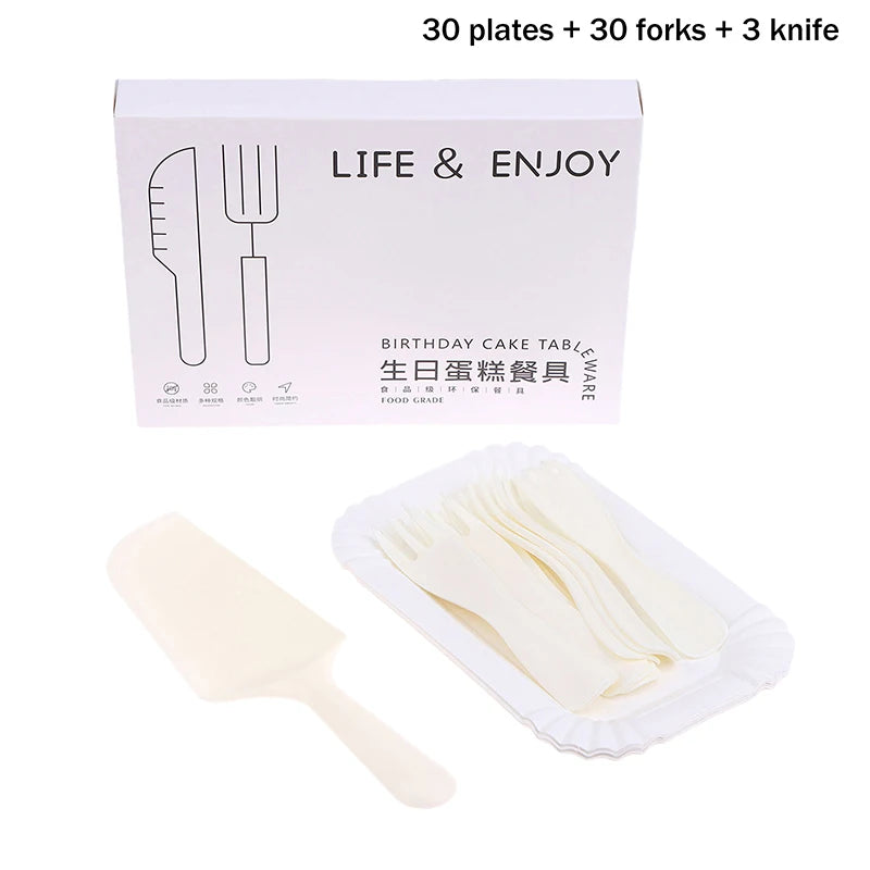 5/10/20/30 set White Birthday Cake Knife Fork Set Plastic Disposable Dinner Plate Set Baking Cake Tableware〔CC11〕 Vue 30 sets