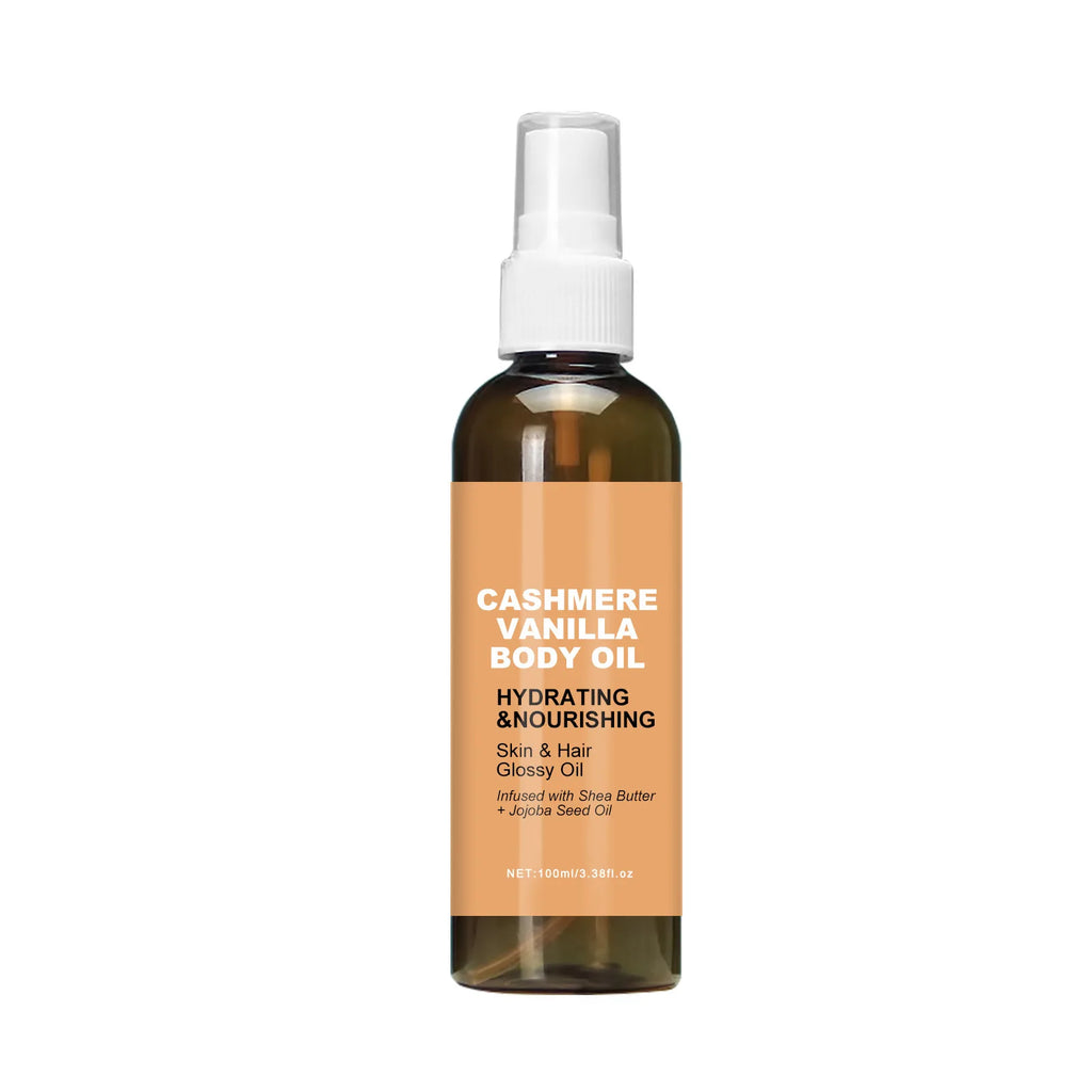 Cashmere Vanilla Body Massage Oil Hydrating Nourishing Skin And Hair Glossy Oil Infused With Shea Butter And Jojoba Seed Oil Vue Brown bottle