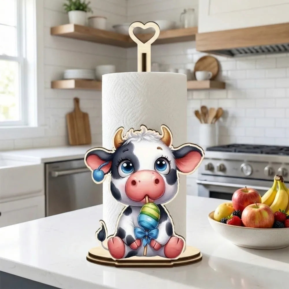 Animal Themed Animal Wooden Tissue Holder Food Wrap Cartoon Cattle Cat Dog Kitchen Towel Rack Wooden Vertical Cloth and Towel Vue