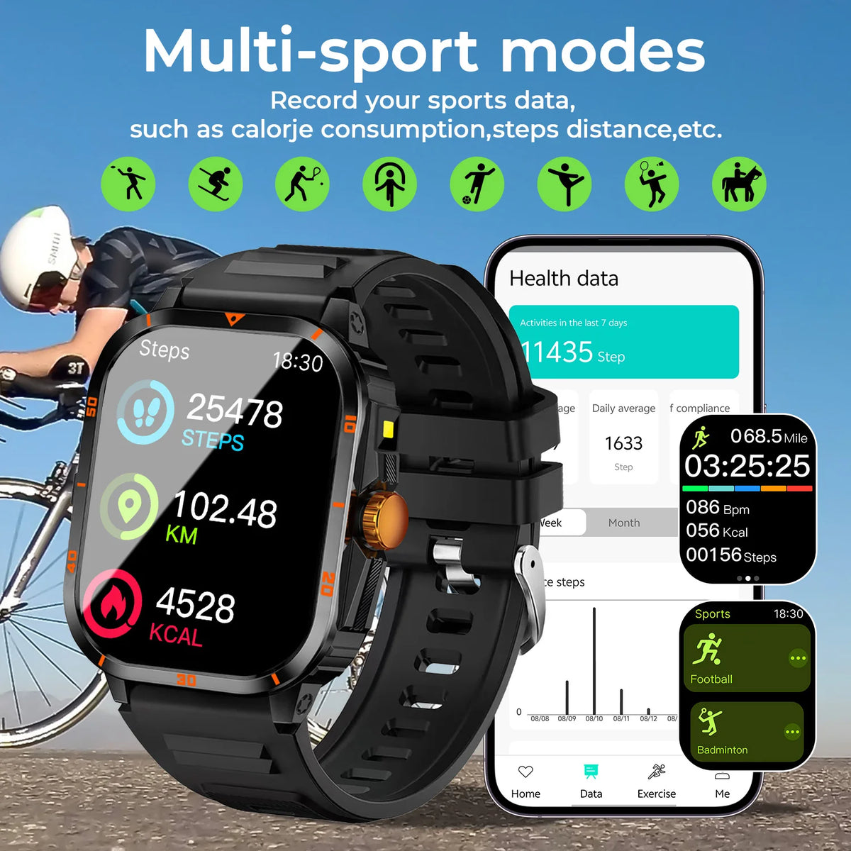 2025 Men Outdoor Sports Smart Watch 2.01''Screen Voice Assistant Blood Oxygen Bluetooth Call Multi Sports Modes Smartwatch Women Vue