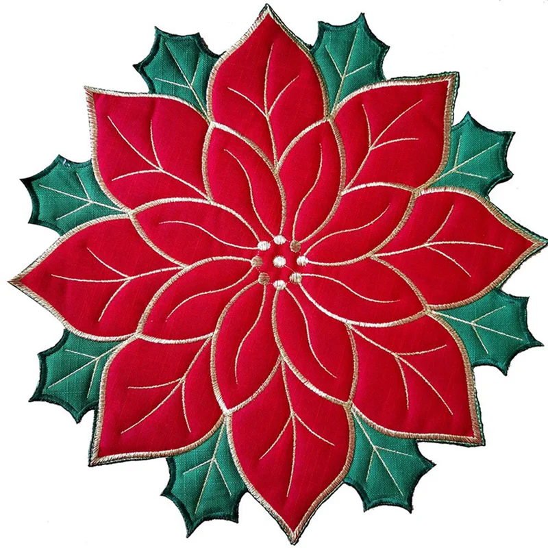 ABKW-8X Holiday Christmas Embroidered Placemats Applique Poinsettia Placemats Christmas Flower Placemat A Vue
