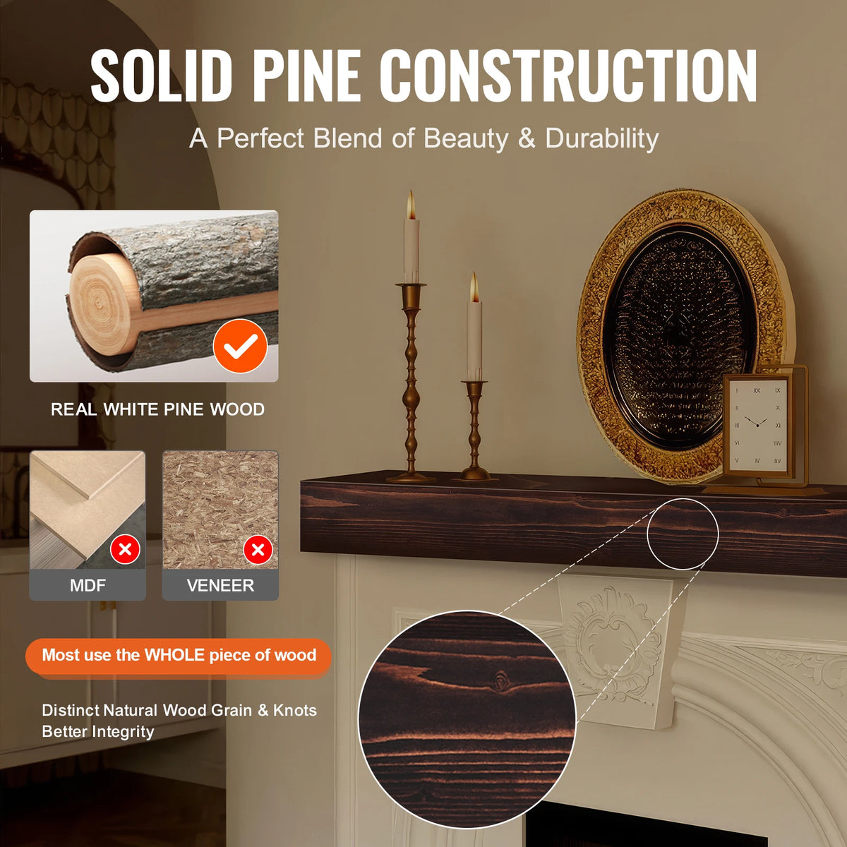 48" Floating Fireplace Mantel Shelf – Solid Pine, Rustic Brown Fireplace Mantel Shelf Vue
