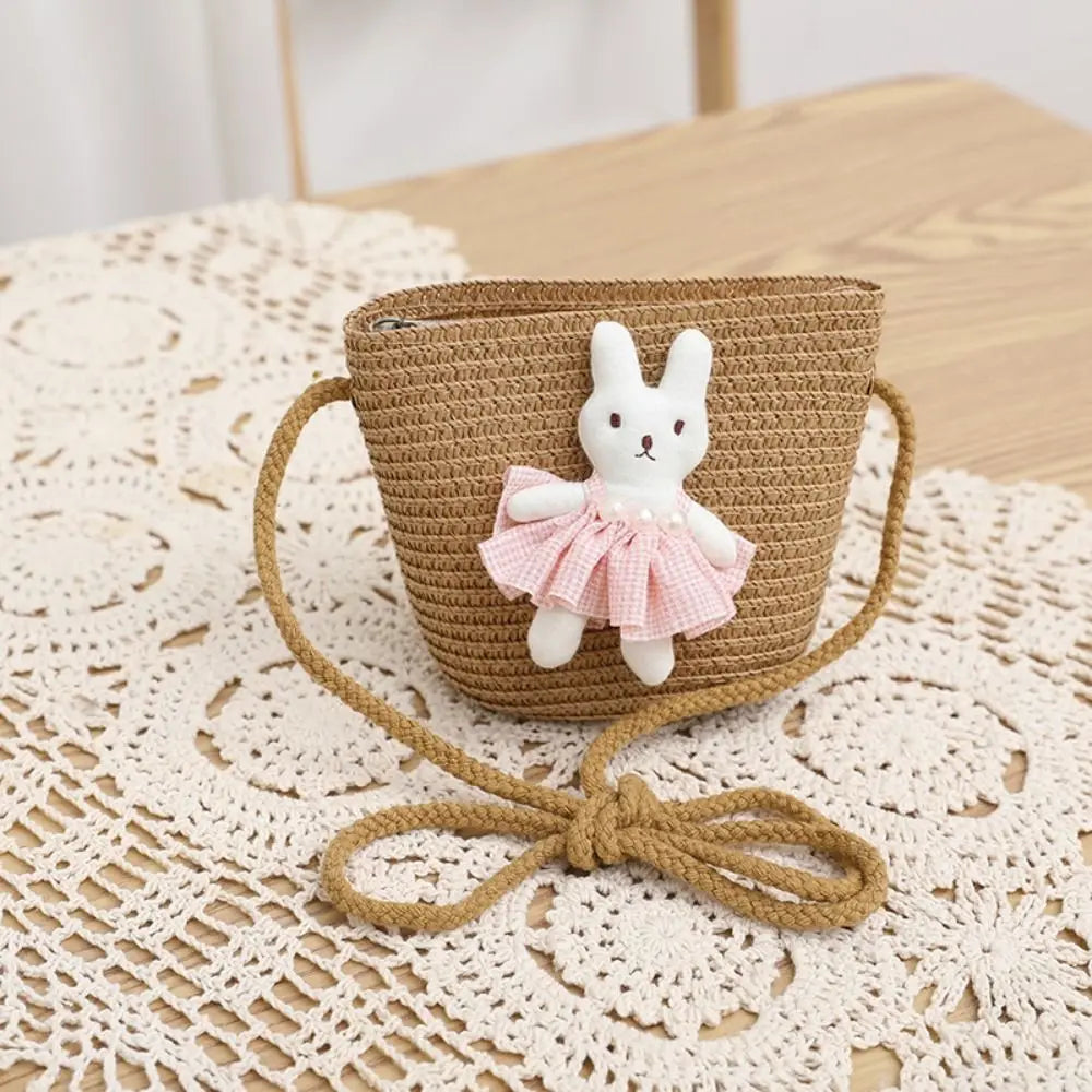 Summer Beach Cartoon Bunny Mini Straw Bag Zipper Handmade Woven Kid Vue khaki
