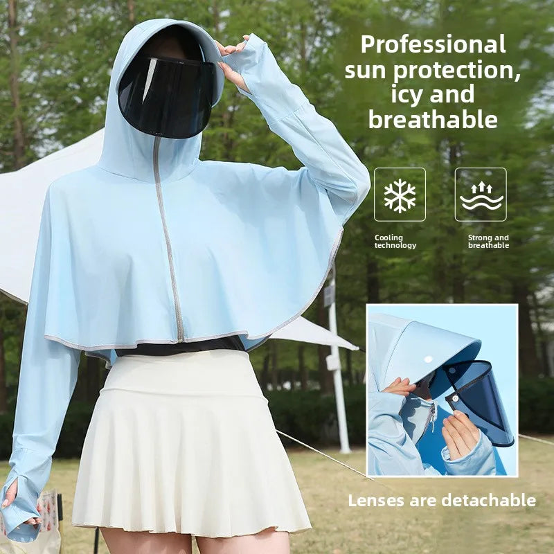 Ice Silk Hooded Sun Protection for Women Brim UV Blocking Breathable Cooling Outdoor Cycling Travel Casual Daily Cover Up Vue Sky Blue B