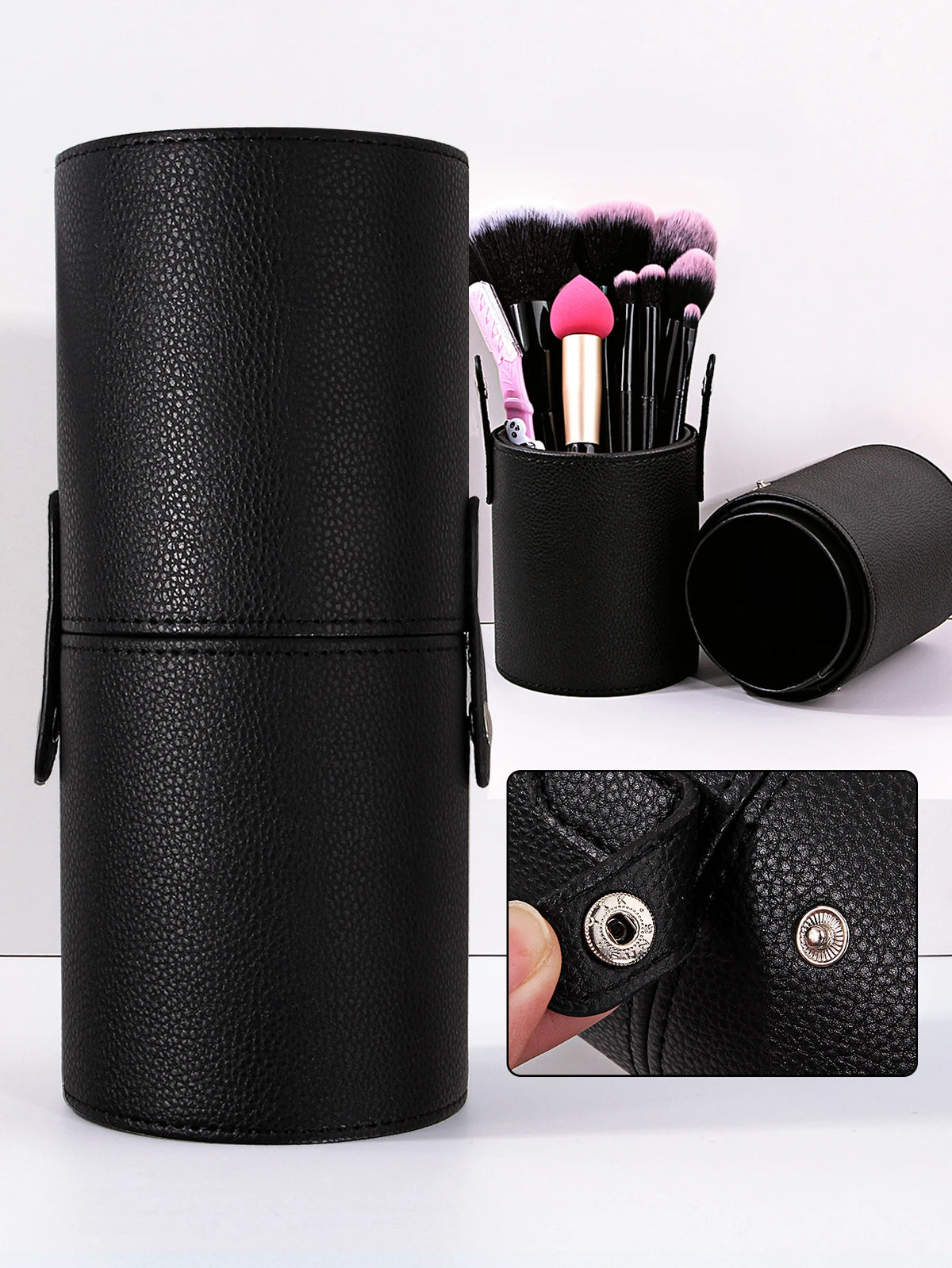 Makeup Brush Holder PU Leather Travel Empty Cosmetic Brushes Pen Bucket Makeup Artist Bag Brushes Organizer Make Up Tools Vue black