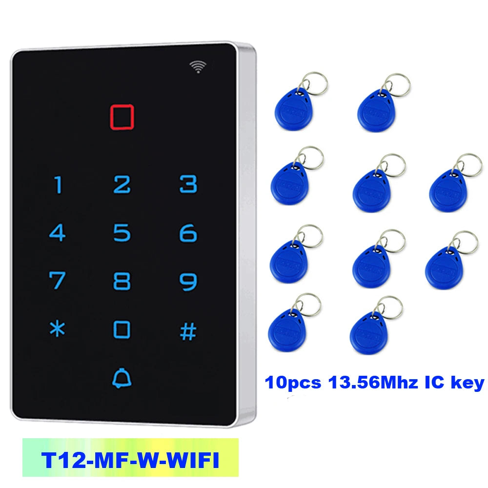 Waterproof WiFi Backlight Touch 125khz RFID Card Access Control Keypad WG26 Output Alarm Management Card Support Tuya App Vue T12MF 10 tags
