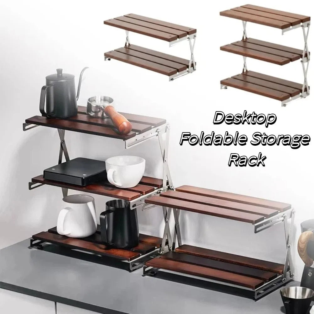 Foldable Design Tabletop Shelf Solid Wood Multi-Tier Cup Storage Rack Retractable Design Layered Storage Mug Display Shelf Vue