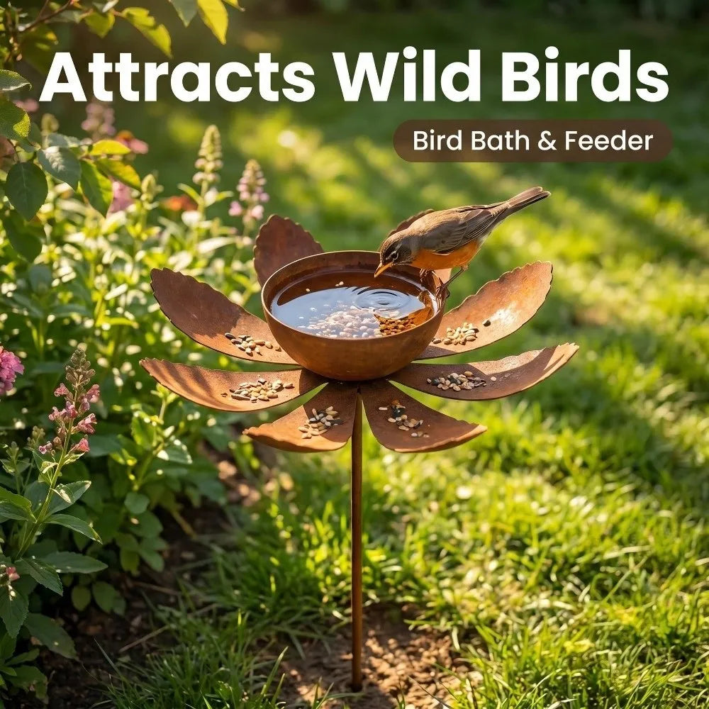 Flower Shape Metal Garden Birdbath Iron Art Rusty Bird Water Dispenser Handmade Ground Insert Bird Feeder Standing Vue