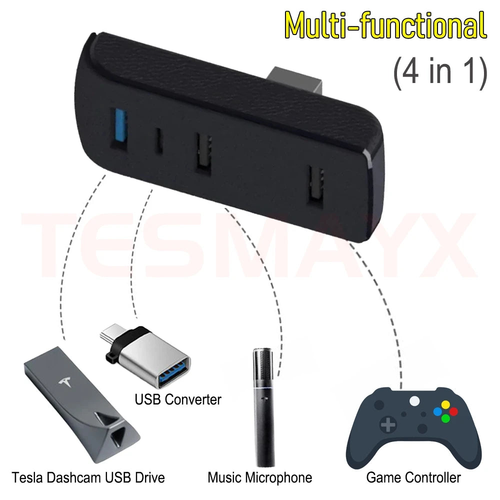 Glove Box Docking Station for Tesla Model 3 Y 3+ Y Juniper USB Hub Ports Car 4-in-1 USB Extender Charger Upgrade Data Transfer Vue