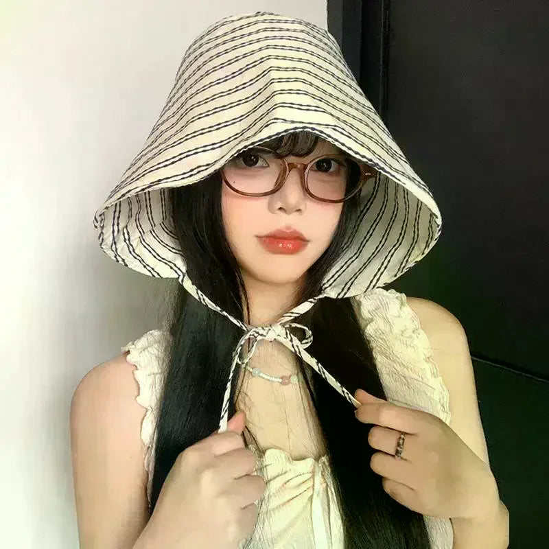 Bucket Hat Wide Brim Floral Pastoral French Striped Lace Up Sun Protection for Outdoor Summer Events Vue