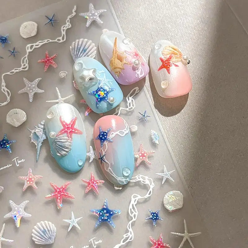 1 Sheet 5D Summer Seashell Nail Sticker Shiny Embossed Starfish Nails Stickers Summer Beach Sea Conch Nail Decals Decoration Vue