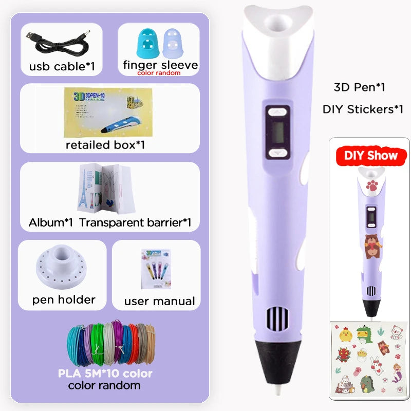 3D Printing Pen Kids PLA 40 Colors 1.75mm PLA Filaments Children 3D Doodle Pen DIY Drawing Pens Boys Girls Birthday Gifts Vue purple pen add 50M PLA Filagment