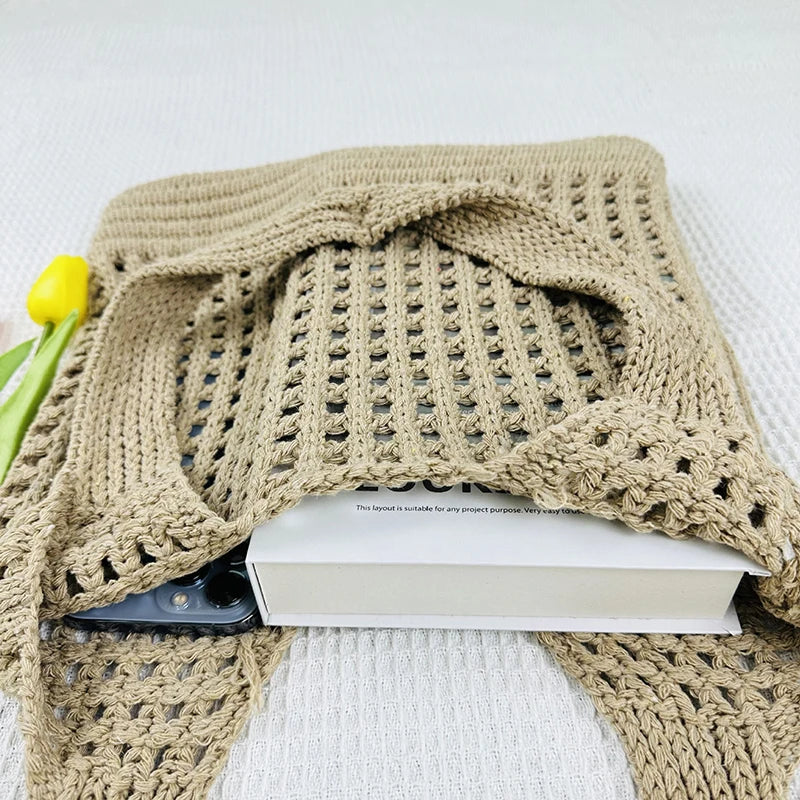 Vintage Hollow Design Woven Women Shoulder Bag Knitting Large Vue