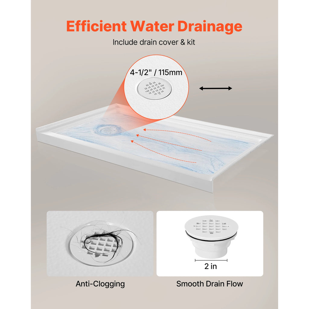 60"x36" Acrylic Shower Base Left Drain | Single Threshold White Acrylic Shower Base Vue