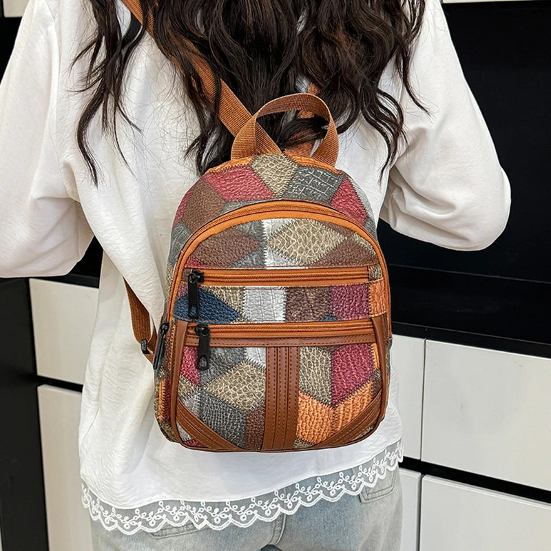 Vintage Women's Patchwork Backpack Multi-texture Design Daily Use