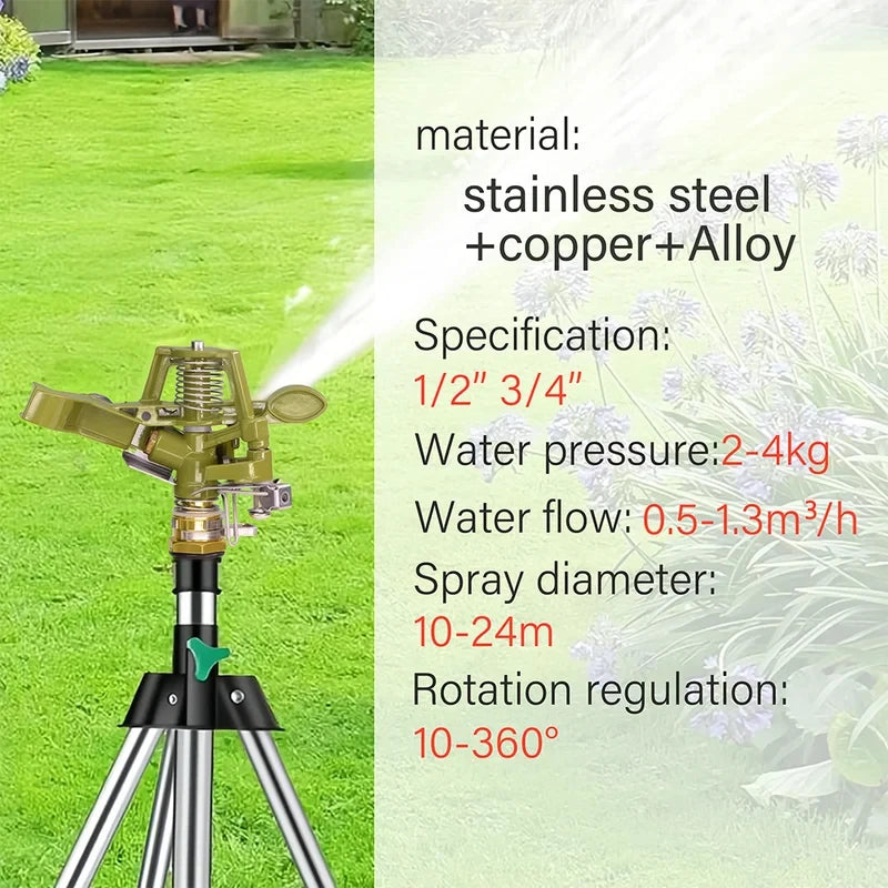 1/2" 3/4" Metal 360° Rotating Rocker Arm Pulsating Sprinkler for Lawn & Garden Irrigation Vue
